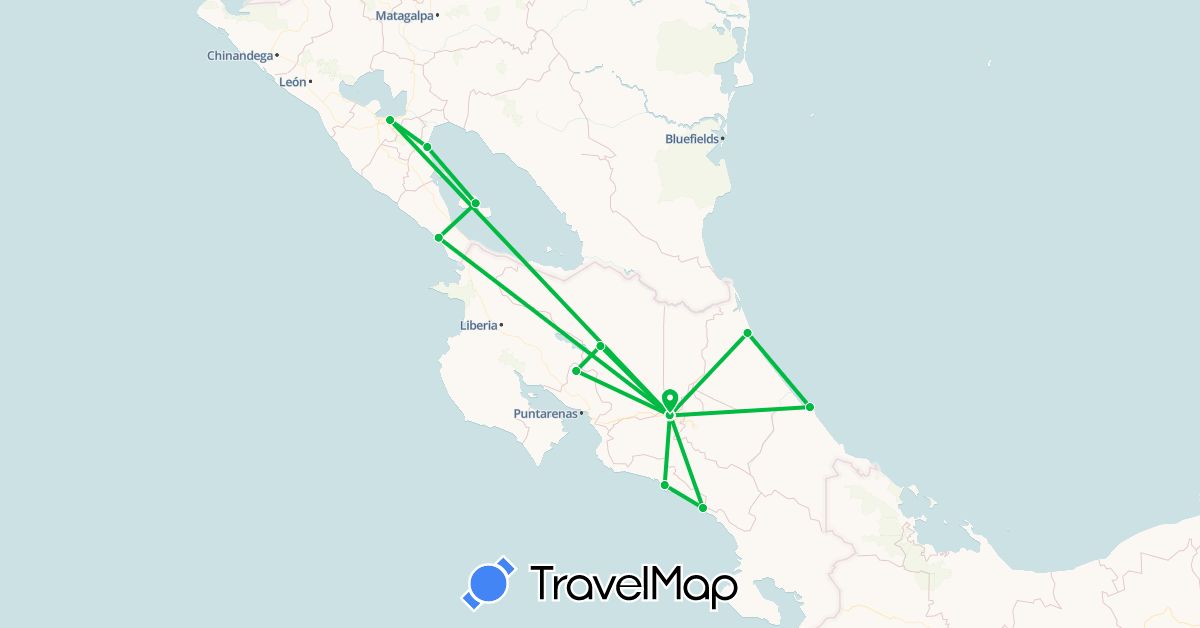 TravelMap itinerary: driving, bus in Costa Rica, Nicaragua (North America)
